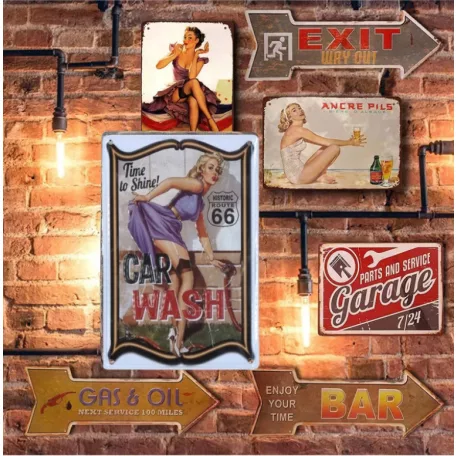 Vintage Dekor Fémtábla, dombornyomott 'CAR WASH Time to Shine! Route 66' felirat, retro hangulatú kialakítás, 20x30cm
