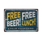 Vintage Dekor Fémtábla, dombornyomott 'FREE BEER! FREE LUNCH!' felirat, retro hangulatú kialakítás, 30x20cm