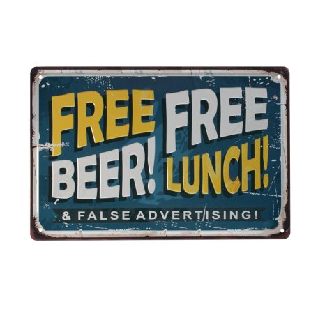 Vintage Dekor Fémtábla, dombornyomott 'FREE BEER! FREE LUNCH!' felirat, retro hangulatú kialakítás, 30x20cm