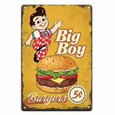   Vintage Dekor Fémtábla, dombornyomott 'Big Boy Burgers' felirat, retro hangulatú kialakítás, 20x30cm