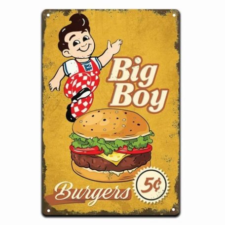 Vintage Dekor Fémtábla, dombornyomott 'Big Boy Burgers' felirat, retro hangulatú kialakítás, 20x30cm