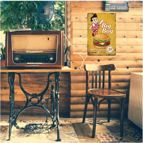 Vintage Dekor Fémtábla, dombornyomott 'Big Boy Burgers' felirat, retro hangulatú kialakítás, 20x30cm