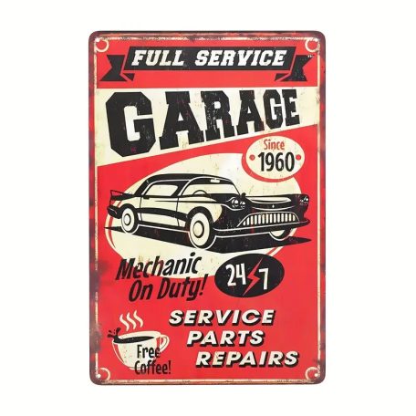 Vintage Dekor Fémtábla, dombornyomott 'GARAGE SERVICE PARTS REPAIRS' felirat, retro hangulatú kialakítás, 20x30cm