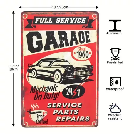 Vintage Dekor Fémtábla, dombornyomott 'GARAGE SERVICE PARTS REPAIRS' felirat, retro hangulatú kialakítás, 20x30cm