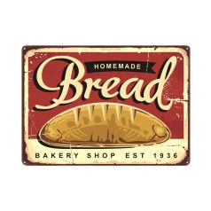   Vintage Dekor Fémtábla dombornyomott, 'HOMEMADE Bread BAKERY SHOP EST 1936' felirat, retro hangulatú kialakítás, 30x20cm