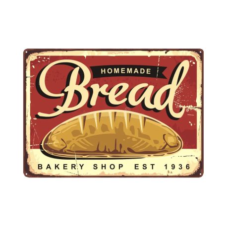 Vintage Dekor Fémtábla dombornyomott, 'HOMEMADE Bread BAKERY SHOP EST 1936' felirat, retro hangulatú kialakítás, 30x20cm