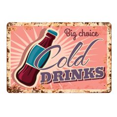   Vintage Dekor Fémtábla, dombornyomott 'Cold DRINKS' felirat, retro hangulatú kialakítás, 30x20cm