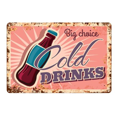 Vintage Dekor Fémtábla, dombornyomott 'Cold DRINKS' felirat, retro hangulatú kialakítás, 30x20cm