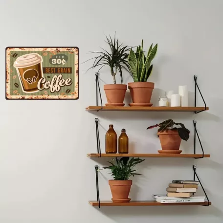Vintage Dekor Fémtábla, dombornyomott 'BEST GRAIN Coffee from 30¢' felirat, retro hangulatú kialakítás, 30x20cm, kékes-zöld háttér