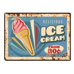   Vintage Dekor Fémtábla, dombornyomott 'DELICIOUS ICE CREAM' felirat, retro hangulatú kialakítás, 30x20cm