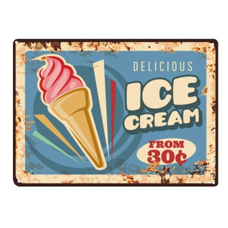 Vintage Dekor Fémtábla, dombornyomott 'DELICIOUS ICE CREAM' felirat, retro hangulatú kialakítás, 30x20cm