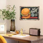 Vintage Dekor Fémtábla, dombornyomott, 'HOT BURGERS FAST FOOD' felirat, retro hangulatú kialakítás, 30x20cm