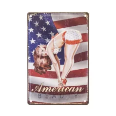   Vintage Dekor Fémtábla, dombornyomott, 'American BEAUTY' felirat, retro hangulatú kialakítás, 20x30cm