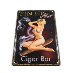   Vintage Dekor Fémtábla, dombornyomott 'PIN UP Hot Cigar Bar' felirat, retro hangulatú kialakítás, 20x30cm