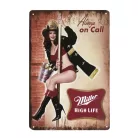 Vintage Dekor Fémtábla, dombornyomott, 'Always on Call Miller HIGH LIFE' felirat, retro hangulatú kialakítás, 20x30cm