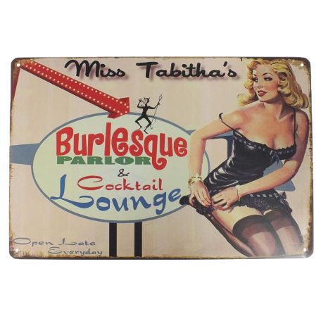 Vintage Dekor Fémtábla, dombornyomott 'Burlesque Parlor & Cocktail Lounge' felirat, retro hangulatú kialakítás, 20x30cm