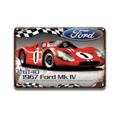   Vintage Dekor Fémtábla, dombornyomott, 'GT 40 1967 Ford Mk IV' felirat és Ford versenyautó, retro hangulatú kialakítás, 30x20cm