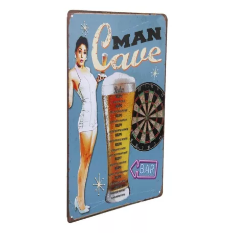 Vintage Dekor Fémtábla, dombornyomott 'MAN Cave' felirat, retro hangulatú kialakítás, 20x30cm, világoskék háttér