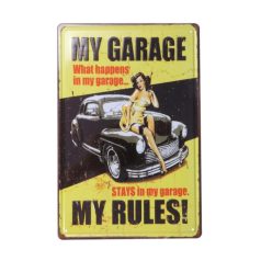   Vintage Dekor Fémtábla, dombornyomott, 'My Garage, My Rules!' felirat, retro hangulatú kialakítás, 20x30cm