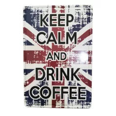   Vintage Dekor Fémtábla, dombornyomott 'Keep Calm and Drink Coffee' felirat, retro hangulatú kialakítás, 20x30cm, angol zászlós háttér