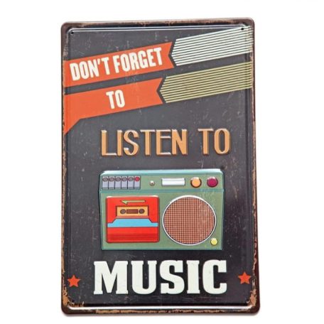 Vintage Dekor Fémtábla, dombornyomott, 'Listen to Music' felirat, retro hangulatú kialakítás, 20x30cm