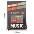Vintage Dekor Fémtábla, dombornyomott, 'Listen to Music' felirat, retro hangulatú kialakítás, 20x30cm