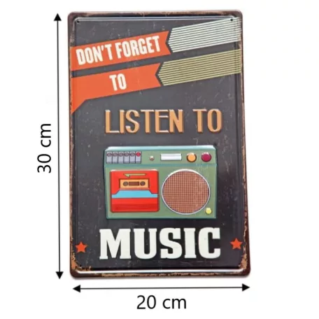 Vintage Dekor Fémtábla, dombornyomott, 'Listen to Music' felirat, retro hangulatú kialakítás, 20x30cm