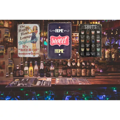 Vintage Dekor Fémtábla, dombornyomott 'HOME sweet HOME' felirat, retro hangulatú kialakítás, 20x30cm