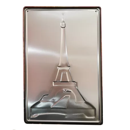 Vintage Dekor Fémtábla, Eiffel-torony dombornyomott fényképe, retro hangulatú kialakítás, 20x30cm