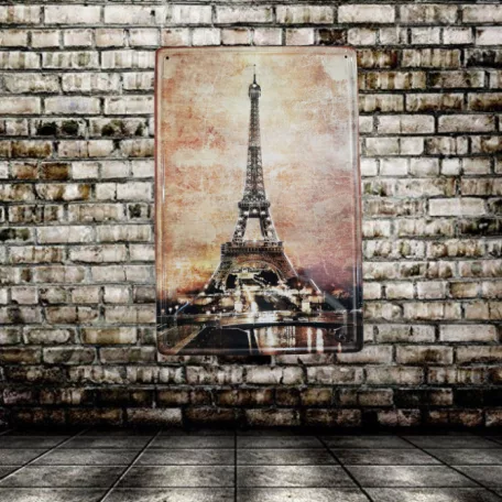 Vintage Dekor Fémtábla, Eiffel-torony dombornyomott fényképe, retro hangulatú kialakítás, 20x30cm
