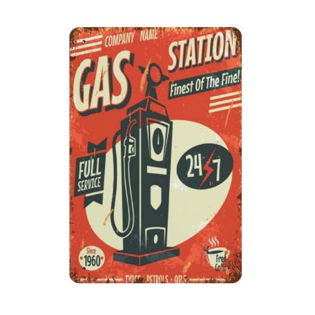 Vintage Dekor Fémtábla, dombornyomott, 'Gas Station 7/24' felirat, retro hangulatú kialakítás, 20x30cm