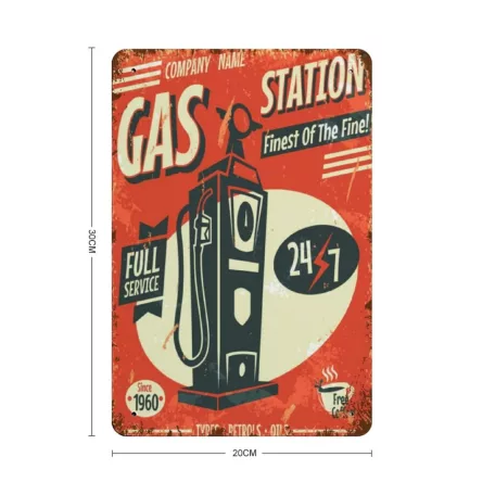 Vintage Dekor Fémtábla, dombornyomott, 'Gas Station 7/24' felirat, retro hangulatú kialakítás, 20x30cm