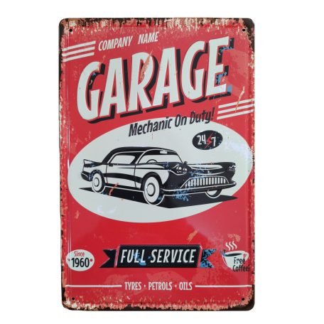 Vintage Dekor Fémtábla, dombornyomott 'Garage, Full Service 24/7' felirat, retro hangulatú kialakítás, 20x30cm