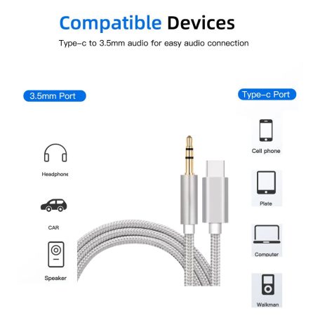 AUX átalakító kábel USB-C-ről 3,5mm jack-re, 1 méter, kompatibilis iPhone 15/16, ezüst-fehér