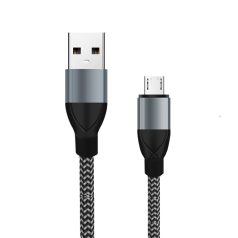   Töltő és adatátviteli kábel, MicroUSB/USB csatlakozó, textil bevonat,1.5 méter, fekete/szürke