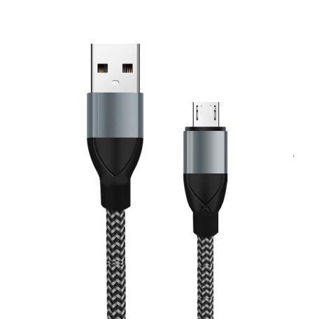 Töltő és adatátviteli kábel, MicroUSB/USB csatlakozó, textil bevonat,1.5 méter, fekete/szürke