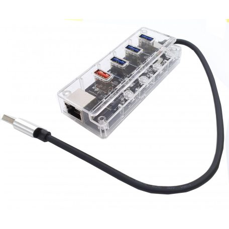 5-portos USB Hub Elosztó/Töltő, BYL-1719U (USB-A -> 3xUSB3.0, 1xQC2.0 töltő, 1xEthernet), átlátszó