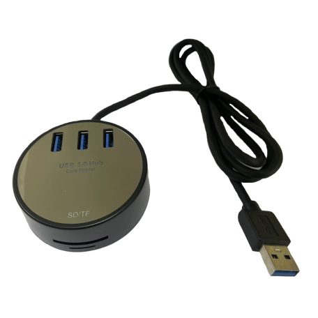 3-portos USB Hub Elosztó és Kártya olvasó (USB-A -> 3xUSB3.0,MicroSD/TF,SD), támogatja a MicroSD/TF és SD kártyákat, Fekete