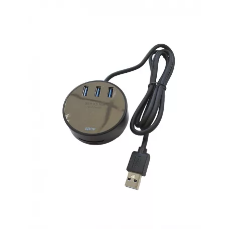 3-portos USB Hub Elosztó és Kártya olvasó (USB-A -> 3xUSB3.0,MicroSD/TF,SD), támogatja a MicroSD/TF és SD kártyákat, Fekete