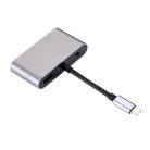 5 az 1-ben USB-C elosztó, USB-C-ről 1db HDMI anya, 1db VGA anya, 1db USB-C anya, 1db USB 3.0, 1db 3.5 jack, ezüstszín-fekete