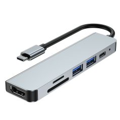   6 az 1-ben USB 3.0 elosztó, USB-C-ről 2xUSB3.0-ra, SD kártya port, TF/MicroSD kártya port, HDMI anya, USB-C anya, ezüstszín