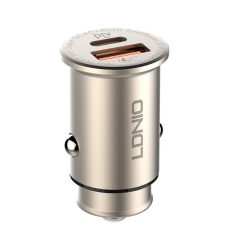   LDNIO Autós USB szivargyújtó töltő, 1xUSB-C, 1xUSB csatlakozóval, Quick Charge 4.0, 5V/3A/30W, ezüst