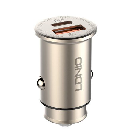LDNIO Autós USB szivargyújtó töltő, 1xUSB-C, 1xUSB csatlakozóval, Quick Charge 4.0, 5V/3A/30W, ezüst