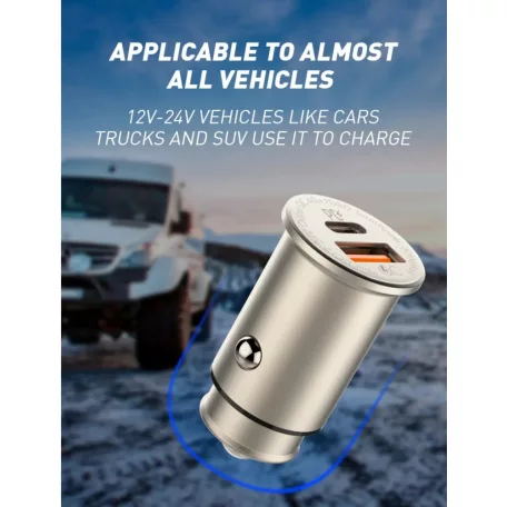 LDNIO® Autós USB szivargyújtó töltő, 1xUSB-C, 1xUSB csatlakozóval, Quick Charge 4.0, 5V/3A/30W, ezüst