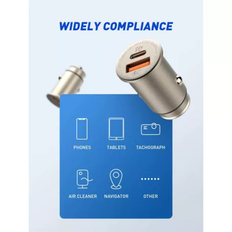 LDNIO® Autós USB szivargyújtó töltő, 1xUSB-C, 1xUSB csatlakozóval, Quick Charge 4.0, 5V/3A/30W, ezüst