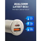 LDNIO® Autós USB szivargyújtó töltő, 1xUSB-C, 1xUSB csatlakozóval, Quick Charge 4.0, 5V/3A/30W, ezüst