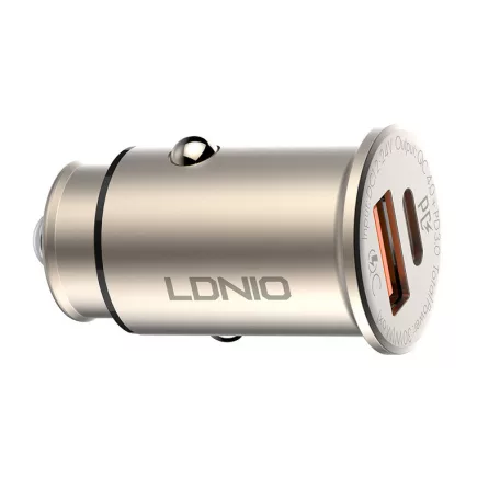 LDNIO® Autós USB szivargyújtó töltő, 1xUSB-C, 1xUSB csatlakozóval, Quick Charge 4.0, 5V/3A/30W, ezüst
