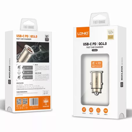 LDNIO® Autós USB szivargyújtó töltő, 1xUSB-C, 1xUSB csatlakozóval, Quick Charge 4.0, 5V/3A/30W, ezüst