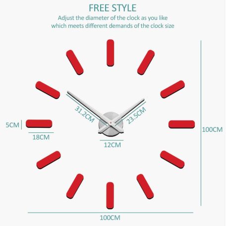DIY öntapados dekoratív falióra, 3D-s, kör lakú, állítható 90-100cm átmérő, piros