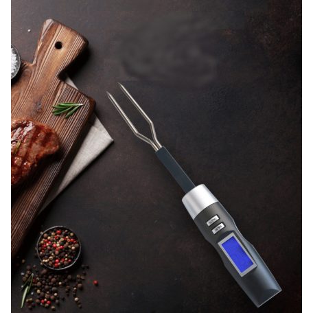 Digitális BBQ grill hőmérő, nyárs villa, sütéshez, grillezéshez, 0°C-tól +250°C-ig, ezüst-szürke